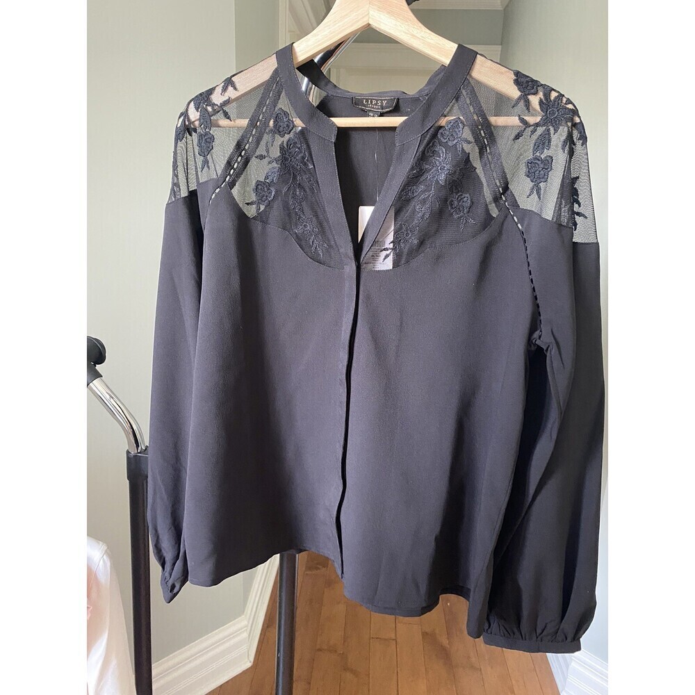 Lipsy Women's Sheer Yoke Blouse See Through Long Sleeve Shirt In Black Size 8 US